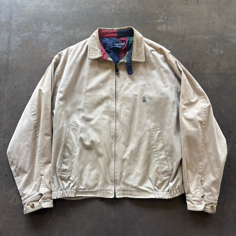 Vintage 90s Nautica Harrington Jacket Mens Large Beige Cotton Striped Lining